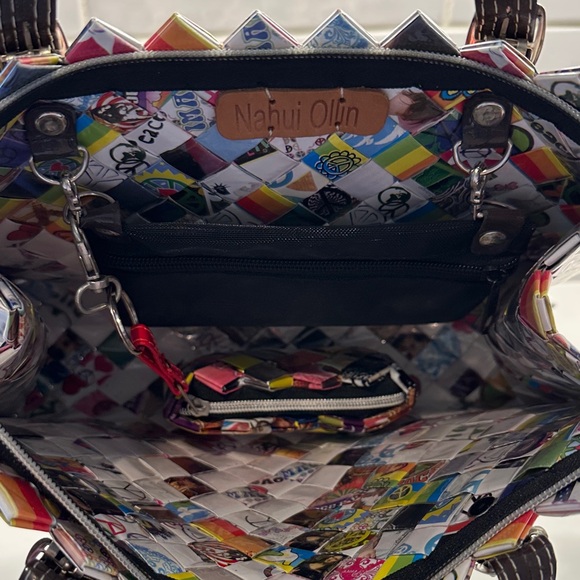 Nahui Ollin Colorful candy wrapper Woven Tote with Brown Handles - Picture 8 of 13